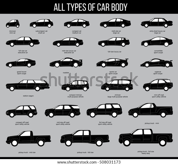 All types of car\
body. Car Type and Model Objects icons Set . Vector black\
illustration isolated on grey background. Variants of automobile\
body silhouette for web.
