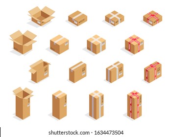 All types of carton box. Realistic cardboard boxes template. Fragile scotch tape. Open and closed packages. Delivery mockup. Blank brown pack collection. Frail icon. Vector illustration.