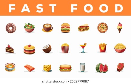 Todos os tipos de itens de fast food definidos. Coleta de fast food. Diferentes fast-foods variados, hambúrguer, bolo, cola, milkshake, donut, pizza, batatas fritas, frango frito, batatas fritas isoladas em fundo branco. 