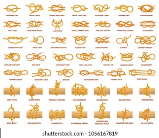 All types of knots demonstrated with strong rope. Strong and complicated knots with names. Rope tied over wooden plank isolated vector illustrations.
