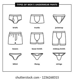 All types of men's underwear pants.Thong, bikini, briefs, boxer, trunks, jockstrap, thong, strings. vector outline icons.