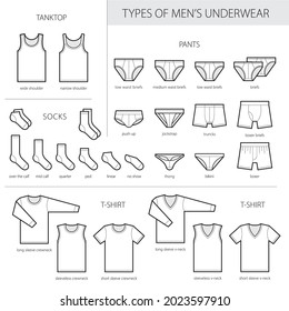 All types of men's underwear pants.Thong, bikini, briefs, boxer, trunks, jockstrap, thong, strings. vector outline icons
