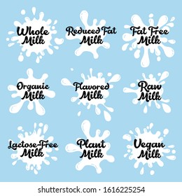 All types of milk: whole milk; reduced fat; fat free; lactose free; plant; vegan; organic; flavored milk; raw milk. Vector. Different emblems and logos 