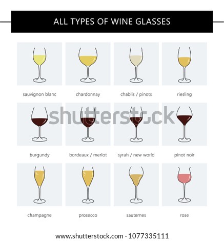 All Types of Wine and Glasses Description: Set of types of wine and glasses red white sparkling and dessert wine.