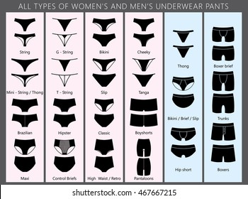 ALL TYPES OF WOMEN'S AND MEN'S UNDERWEAR PANTS. Vector set of underwear. View front and behind. 