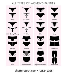 All types of women's panties. Vector set of underwear. Silhouette ass in front and behind. string, thong, tanga, bikini, cheeky, hipster, boyshorts, classic brief, slip, high waist, retro
