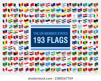 all United Nations flags of the world with their name. UN Countries Waving flag vector design.