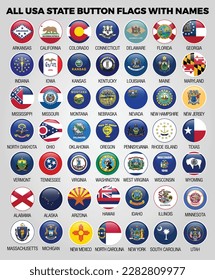 All United States of America States Button Flags Collection with Names vector template 