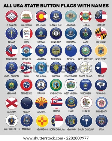 All United States of America States Button Flags Collection with Names vector template 