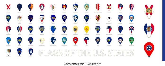 All  US State Flags Sorted Alphabetically. Vertical Pin Icon. Big Flag Collection.