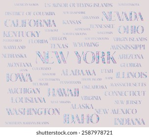 All USA states' names are isolated 1 by 1 with a removable background. Different textures in the typography of the us' states' names to use INDIVIDUALLY, SEPARATLY. Graphic vector illustration.eps