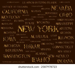 All USA states' names are isolated 1 by 1 with a removable background. Different textures in the typography of the us' states' names to use INDIVIDUALLY, SEPARATLY. Graphic vector illustration.eps