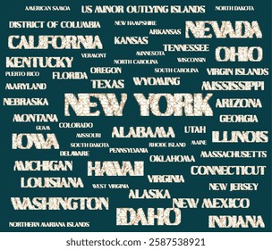 All USA's states names are isolated one by one with removable background. Different textures in the typography of the us' states' names to use INDIVIDUALLY. Graphic vector illustration. eps file