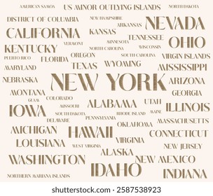 All USA's states names are isolated one by one with removable background. Different textures in the typography of the us' states' names to use INDIVIDUALLY. Graphic vector illustration. eps file