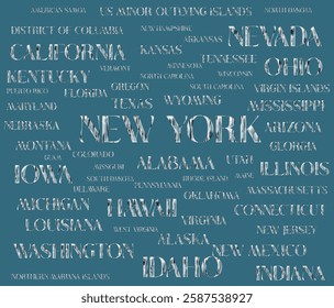 All USA's states names are isolated one by one with removable background. Different textures in the typography of the us' states' names to use INDIVIDUALLY. Graphic vector illustration. eps file