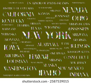 All USA's states names are isolated one by one with removable background. Different textures in the typography of the us' states' names to use INDIVIDUALLY. Graphic vector illustration. eps file