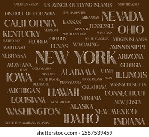 All USA's states names are isolated one by one with removable background. Different textures in the typography of the us' states' names to use INDIVIDUALLY. Graphic vector illustration. eps file