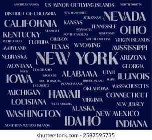 All USA's states names are isolated one by one with removable background. Different textures in the typography of the us' states' names to use INDIVIDUALLY. Graphic vector illustration. eps file