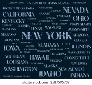 All USA's states names are isolated one by one with removable background. Different textures in the typography of the us' states' names to use INDIVIDUALLY. Graphic vector illustration. eps file