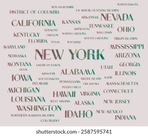 All USA's states names are isolated one by one with removable background. Different textures in the typography of the us' states' names to use INDIVIDUALLY. Graphic vector illustration. eps file