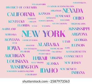 All USA's states names are isolated 1 by 1 with removable background. Different textures in the typography of the us' states' names to use INDIVIDUALLY, SEPARATLY. Graphic vector illustration.eps file