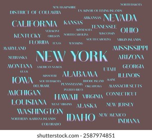 All USA's states names are isolated 1 by 1 with removable background. Different textures in the typography of the us' states' names to use INDIVIDUALLY, SEPARATLY. Graphic vector illustration.eps file