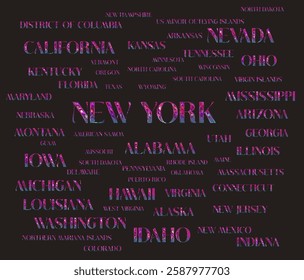 All USA's states names are isolated 1 by 1 with removable background. Different textures in the typography of the us' states' names to use INDIVIDUALLY, SEPARATLY. Graphic vector illustration.eps file