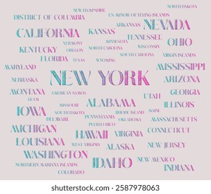 All USA's states names are isolated 1 by 1 with removable background. Different textures in the typography of the us' states' names to use INDIVIDUALLY, SEPARATLY. Graphic vector illustration.eps file