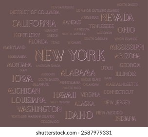 All USA's states names are isolated 1 by 1 with removable background. Different textures in the typography of the us' states' names to use INDIVIDUALLY, SEPARATLY. Graphic vector illustration.eps file