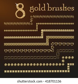 All used pattern brushes are included in brush palette. Gold glitter brushes. 8 Gold dust brushes. Gold brushes for your design. Vector golden geometric set of sparkling borders.