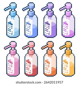 All variant of liquid soap, shampoo, conditioner in bundle pack with blue to yellow color for take a bath or shower in the bathroom vector pixel art for game, icon, element, sticker