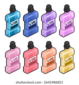 All variant of mouthwash in bundle pack sale in blue to yellow color for cleanness of oral, dental and mouth after brushing teeth for the bathroom amenity for daily use vector pixel art