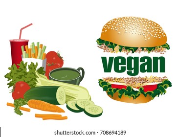 All vegetarian in the fast cooking.
A vegan burger, tomato juice, vegetable soup and small celery sticks, cucumber and carrot for a healthy meal.