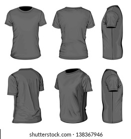 All views men's black short sleeve t-shirt design templates (front, back, half-turned and side views). Vector illustration. No mesh. 