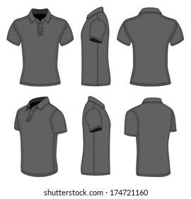 All views men's black short sleeve polo shirt design templates (front, back, half-turned and side views). Vector illustration. No mesh. Redact color very easy