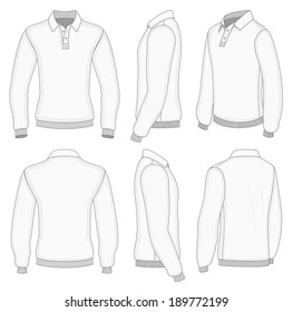 All views men's white long sleeve polo shirt design templates (front, back, half-turned and side views). Ribbed cuffs and waistband.