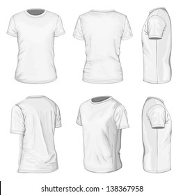All views men's white short sleeve t  shirt design templates (front  back  half  turned   side views)  Vector illustration  No mesh  