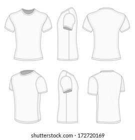 All views men's white short sleeve t-shirt design templates (front, back, half-turned and side views). Vector illustration. No mesh. Redact very easy!