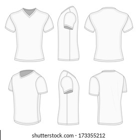 All views men's white short sleeve t-shirt v-neck design templates (front, back, half-turned and side views). Vector illustration. No mesh. Redact color very easy!