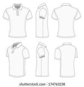 All views men's white short sleeve polo shirt design templates (front, back, half-turned and side views). Vector illustration. No mesh. Redact color very easy!