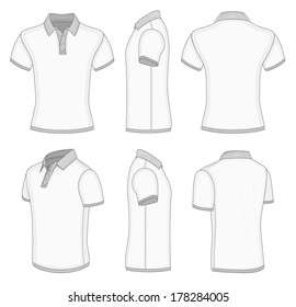 All views men's white short sleeve polo shirt design templates (front, back, half-turned and side views). Ribbed collar, cuffs and waistband. Vector illustration