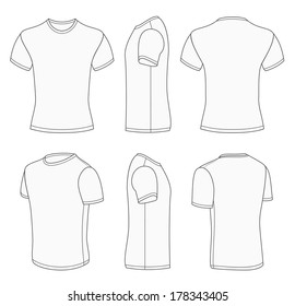 All views men's white short sleeve t-shirt design templates (front, back, half-turned and side views). Vector illustration. One white color and gray outline. Redact very easy!