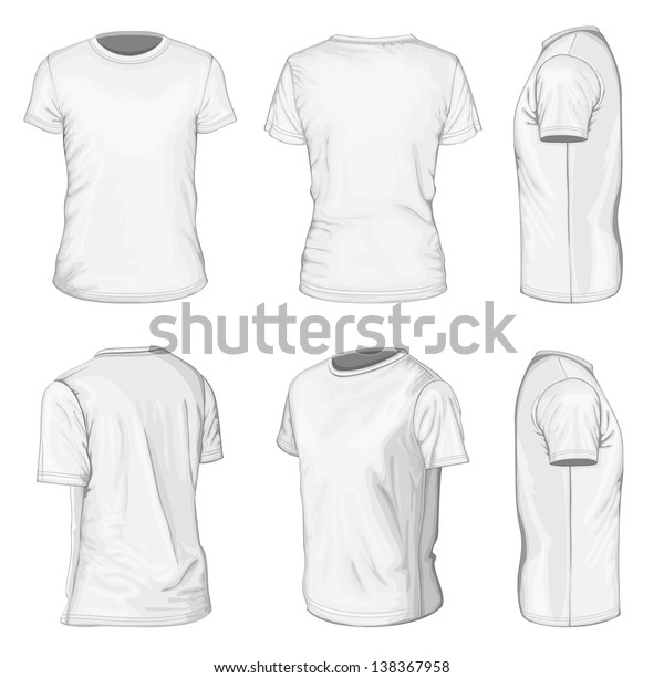 All views men\'s white short sleeve t-shirt design\
templates (front, back, half-turned and side views). Vector\
illustration. No mesh. 