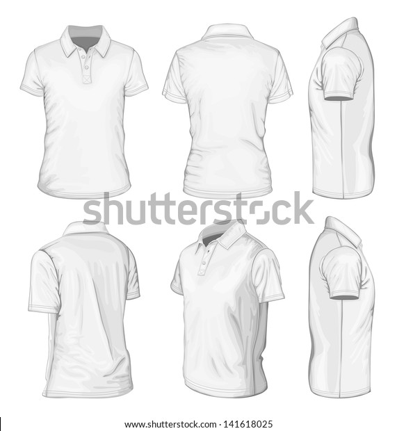 All views men\'s white short sleeve polo-shirt\
design templates (front, back, half-turned and side views). Vector\
illustration. No mesh.