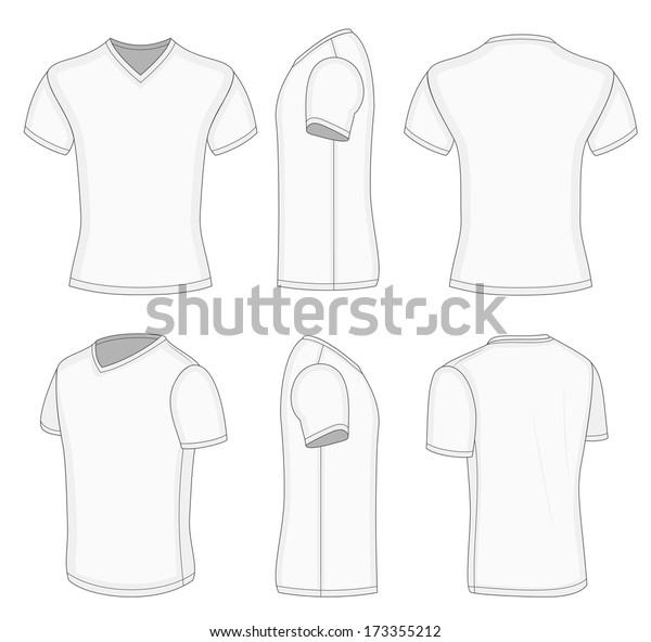 すべてのビューで 男性用の白い短い袖tシャツのvネックデザインテンプレート 前 後 半回転 側面図 が表示されます ベクターイラスト メッシュがありません 色を変えるのは簡単だ のベクター画像素材 ロイヤリティフリー