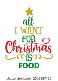 All I want for Christmas is food - phrase for Christmas. Hand drawn lettering for Xmas greetings cards, invitations. Good for t-shirt, mug, scrap booking, gift, printing press. Holiday quotes.