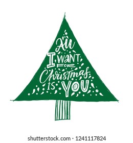 ALL I WANT FOR CHRISTMAS IS YOU. NEW YEAR GREETING HAND LETTERING