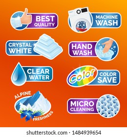 All Washing Clothes Stickers Set - Micro Cleaning, Clear Water, Best Quality, Crystal White, Alpine Freshness, Color, Machine And Hand Wash Clean Laundry, Fibers, Water Drop, Thumbs Up Icons, Vector