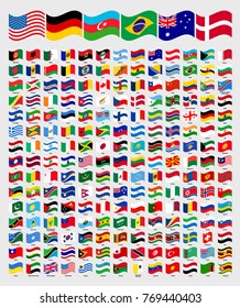 All waved around the world flags with names collection, set, vector illustration simple modern flags, country symbols shape