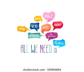 All we need is Peace. Card with speech bubbles with word "Peace" on different languages (English, Korean, Russian, Hindi, Hebrew, French, Arabic, Somali, Spanish)